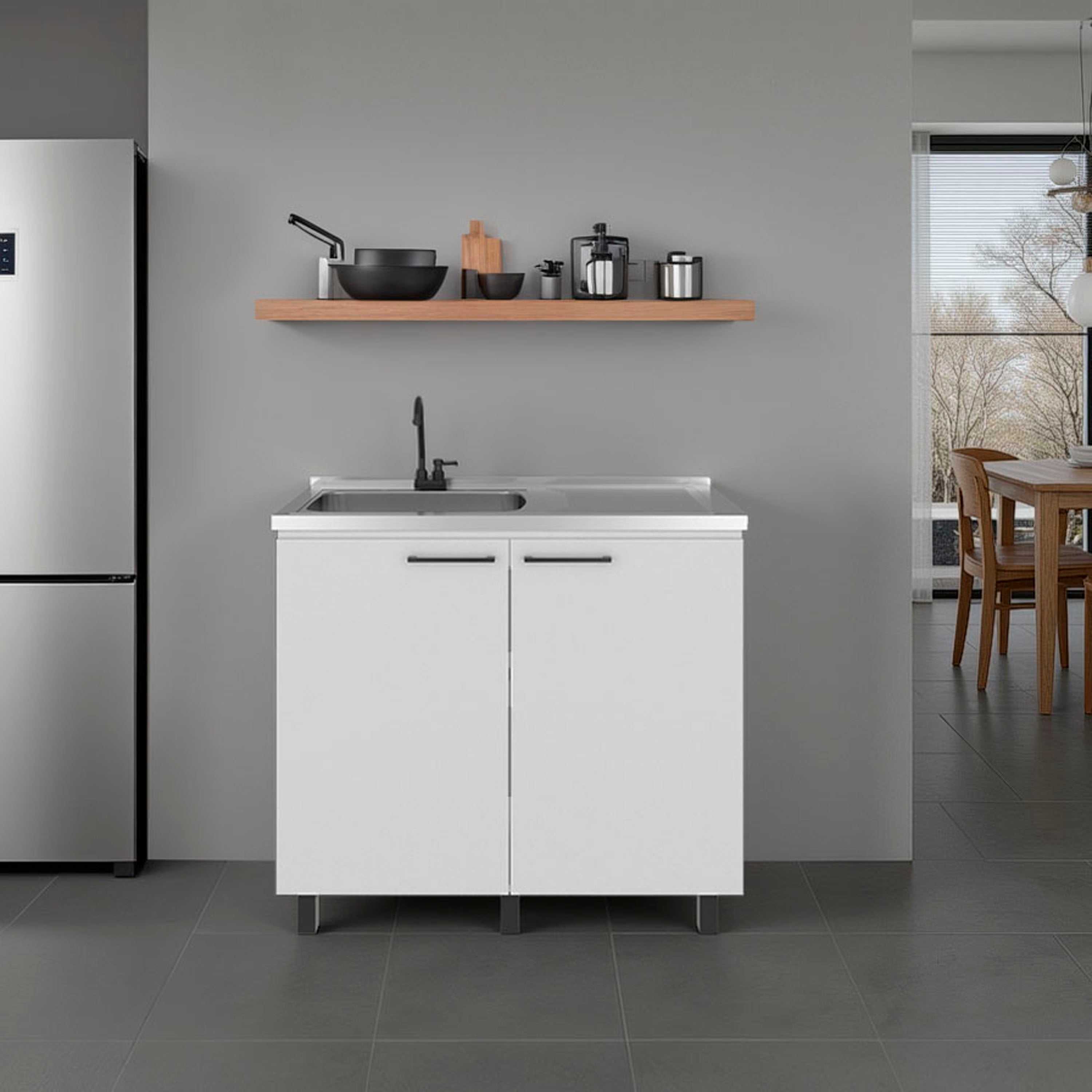 Modern White kitchen Utility Sink with Cabinet, Stainless Steel Counter Top and Faucet